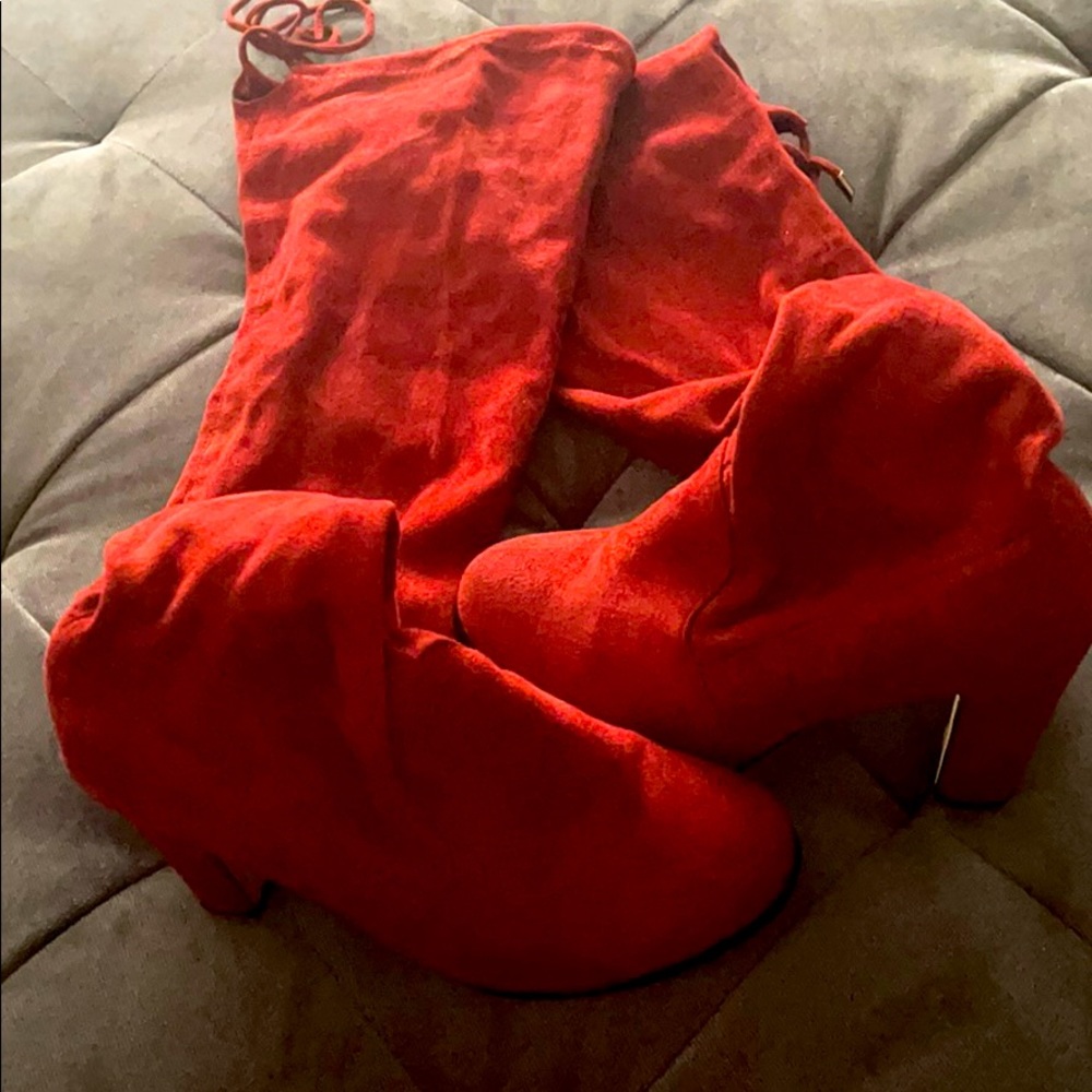 Red thigh high boots